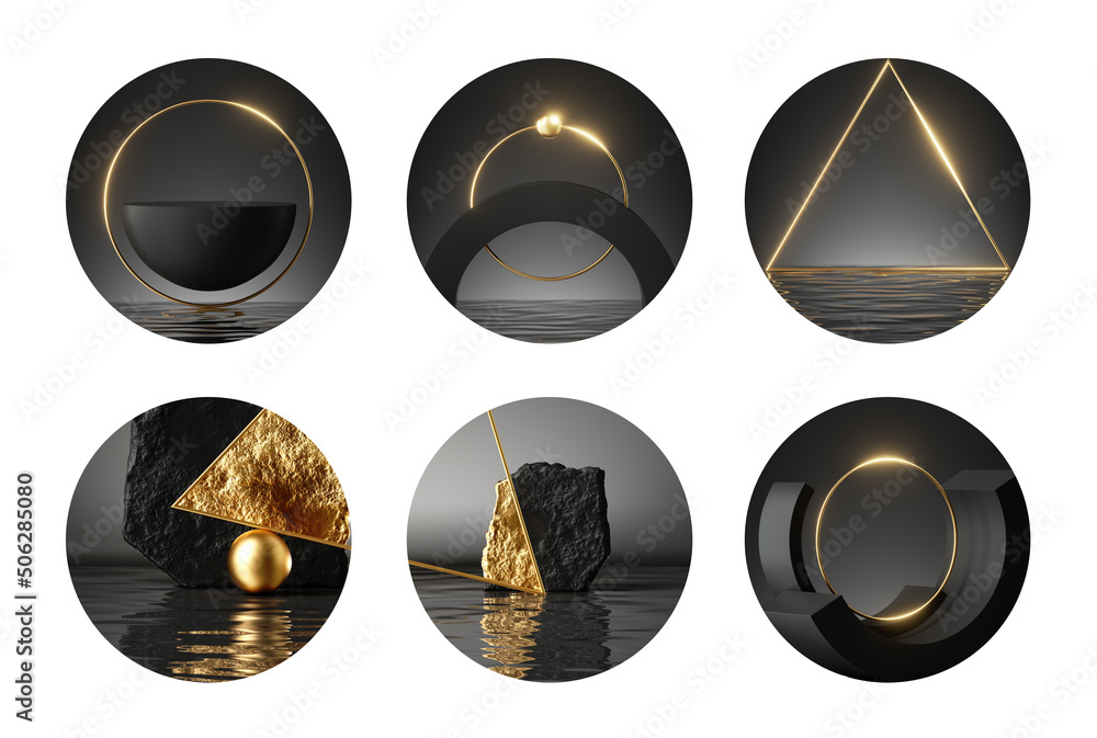 Wall mural 3d render, set of black gold round stickers with sacred geometric shapes and water ripples, modern minimal icons for social account design. Abstract circles isolated on white background