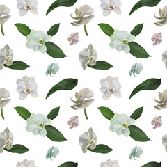 Digital seamless pattern with tropical leaves and flowers