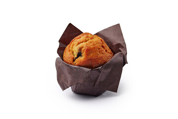 Delicious blueberry muffin wrapped with paper on white