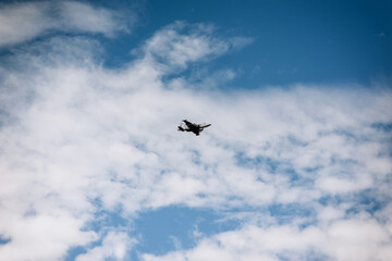 A large military supersonic fighter jet flies in the sky.