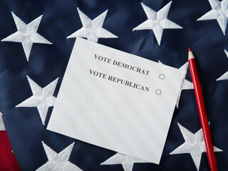 American flag, pencil and call - vote democracy, vote republican. Elections, United States of...