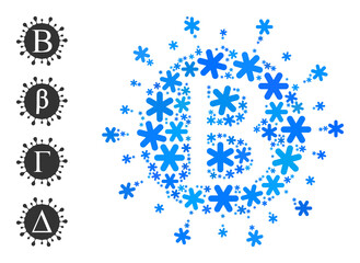 Mosaic Beta coronavirus icon is organized for winter, New Year, Christmas. Beta coronavirus icon mosaic is made of light blue snow icons. Some bonus icons are added.