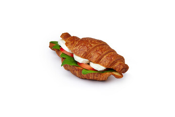 Croissant sandwich with feta and tomatoes isolated on white