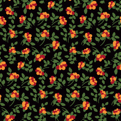 Floral retro print with small hand drawn plants. Seamless pattern, pretty botanical background with tiny yellow flowers on twigs, leaves on a dark field. Vector illustration.