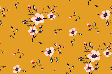 Seamless pattern with hand drawn plants. Abstract botanical composition of flowers, twigs, small leaves on a yellow background. Romantic floral print design in vintage style. Vector illustration.