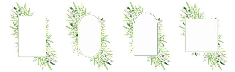 Watercolor greenery frame, Floral grass wreath. Hand drawn wild meadow herbs floral Botanical illustration isolated on white background, greeting card oval border with copy space for text
