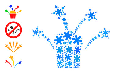 Mosaic popcorn fireworks icon is combined for winter, New Year, Christmas. Popcorn fireworks icon mosaic is made of light blue snow parts. Some bonus icons are added.