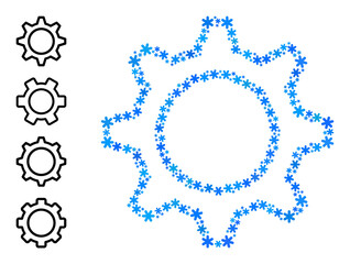 Mosaic contour gear icon is constructed for winter, New Year, Christmas. Contour gear icon mosaic is composed with light blue snow icons. Some similar icons are added.