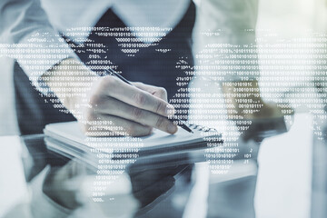 Abstract creative digital world map and man hand writing in diary on background, globalization...