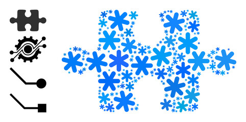 Mosaic puzzle item pictogram created for winter, New Year, Christmas. Puzzle item icon mosaic is created from light blue snow icons. Some similar icons are added.