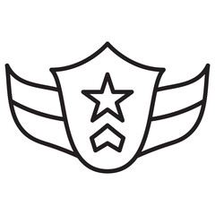 Badge military rank icon.Military star and shield with wings.Army stripes and chevrons. Insignia of officer. Outline vector illustration. Isolated on white background.