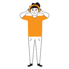 Young man with headphones listens to music.Music therapy.Doodle face human with a beard.Isolated on white background. Hand drawn cartoon illustration.