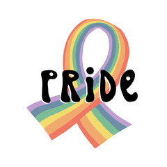 Rainbow ribbon awareness for LGBT community concept. LGBTQ Pride month celebration. 70s style lettering Pride and stripe
