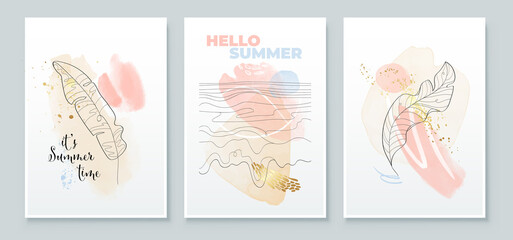 Summer tropical wall arts background. Banana palm leaf, sea horizon line arts. Watercolor background design for wall framed prints, canvas prints, poster, home decor, t shirt, wallpaper