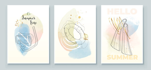 Summer tropical wall arts background. Snorkel, flippers, life ring, underwater line arts. Watercolor background design for wall framed prints, canvas prints, poster, home decor, t shirt, wallpaper