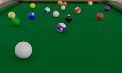 3d illustration, billiard game pieces on table, 3d rendering