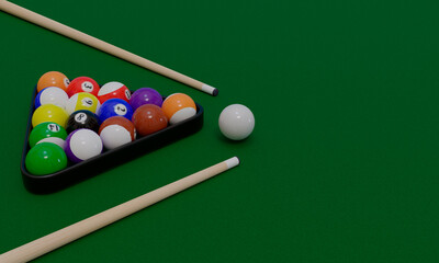 3d illustration, billiard game pieces and sticks on table, 3d rendering