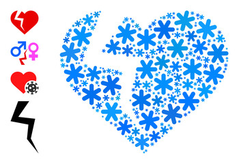 Mosaic heart break pictogram is done for winter, New Year, Christmas. Heart break icon mosaic is formed of light blue ice crystals. Some similar icons are added.