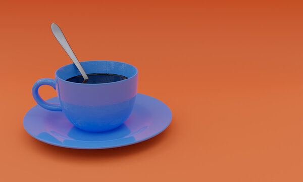 3d illustration, ceramic cup blue color, spoon and aromatic coffee, on a red background, copy space, 3d rendering
