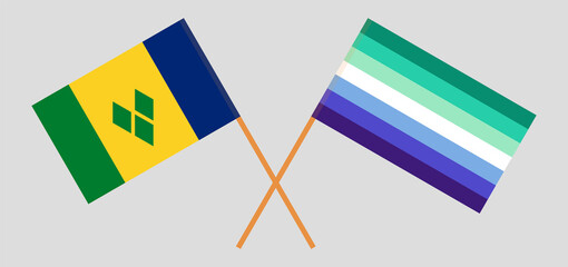 Crossed flags of Saint Vincent and the Grenadines and gay men pride. Official colors. Correct proportion