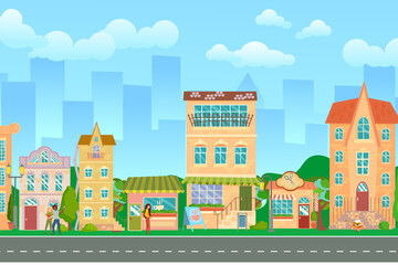 City street. Panoramic cityscape with bright houses, walking pedestrians. Shop and stores. Summer city. Vector illustration in cartoon style.