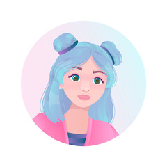 Icons with faces of cute girls. Colorful hair. Cheerful girls with colored hair. Vector illustration isolated on white background.