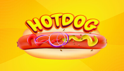 Delicious hot dog logo sausage with ketchup, mustard and onion. Vector graphics