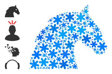 Collage horse head pictogram is done for winter, New Year, Christmas. Horse head icon mosaic is done from light blue snow icons. Some similar icons are added.