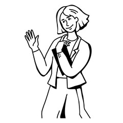 Young woman smiling waving hand in greeting gesture, line art or sketch style vector illustration isolated on white background. Cheerful young business woman or student saying hi.