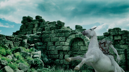 Headless horseman riding a white horse in front of ruins © akarb