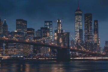 Obraz premium Brooklyn Bridge at Night with Water Reflection in New York City
