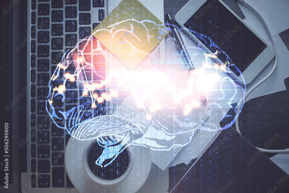 Poster multi exposure of brain sketch hologram over topview work table background with computer. concept of