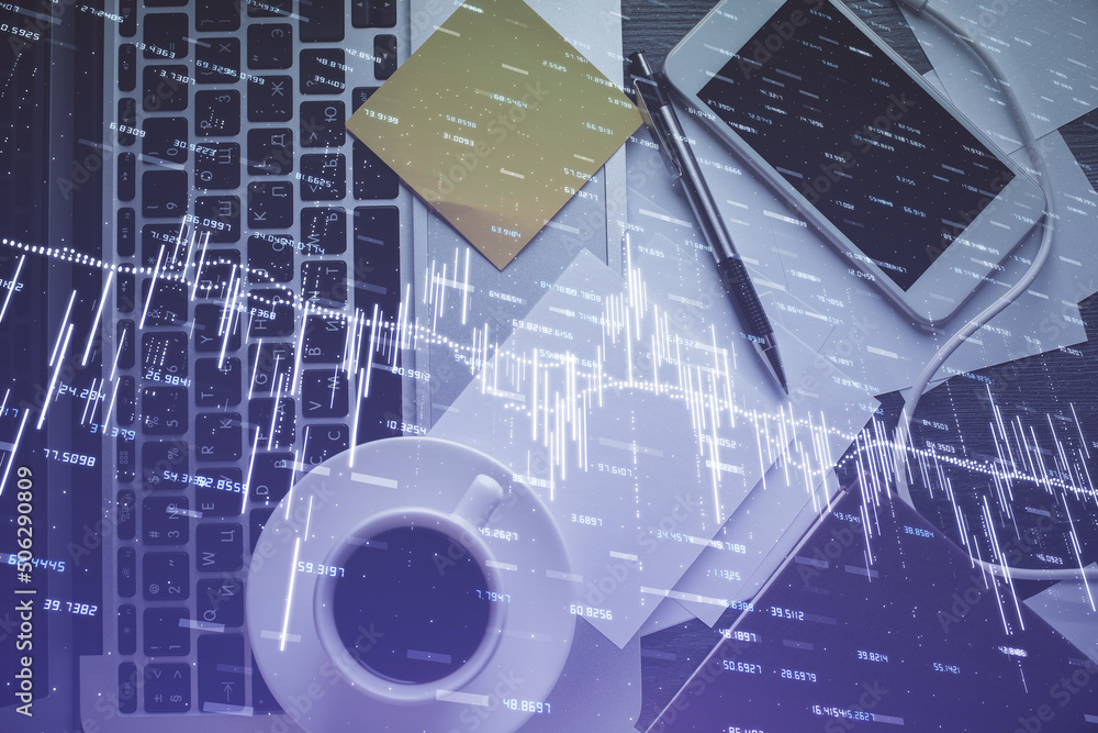 Poster Double exposure of financial chart drawing over table background with computer. Concept of research and analysis. Top view.