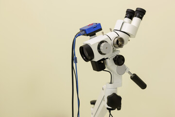 Colposcope in the gynecologist's office. Videocolposcopy of the cervix in the clinic. Optical device for the diagnosis and examination of the vagina, cervix. Obstetrics and gynecology women's health.