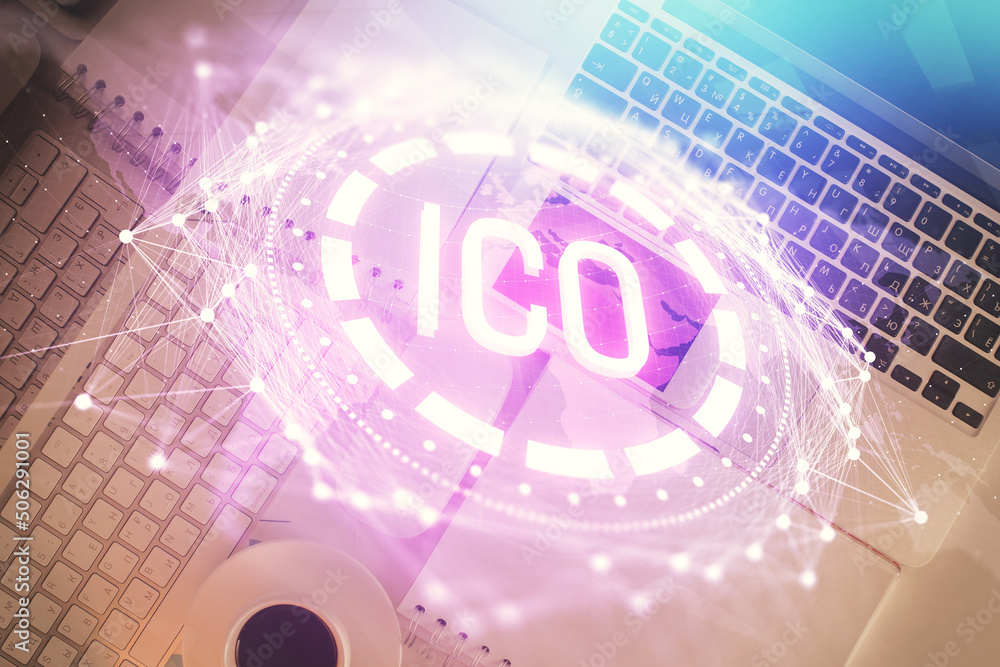 Poster blockchain theme hologram drawings over computer on the desktop background. top view. double exposur