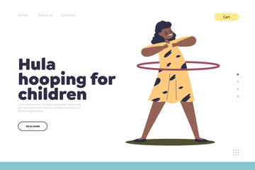 Hulahoop for children concept of landing page with happy african girl spinning hula hoop on waist