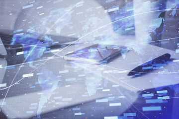 Double exposure of data theme drawing and mobile phone background. Concept of innovation