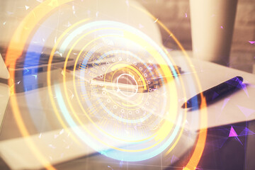 Double exposure of tech theme sketch over cell phone background. Concept of technology