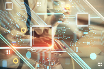 Multi exposure of woman hands working on computer and data theme hologram drawing. Tech concept.