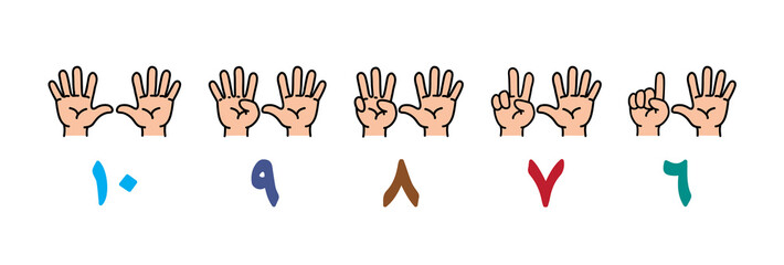 Hands with fingers. Learning to count from 6 to 10. Arabic numbers