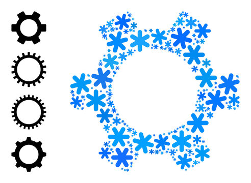 Composition gear pictogram is constructed for winter, New Year, Christmas. Gear icon mosaic is constructed of light blue snow elements. Some bonus icons are added.