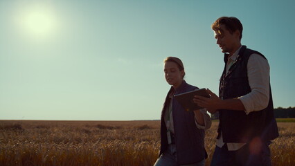 Agriculture engineers walking wheat field on sunny day. Teamwork in agribusiness © stockbusters