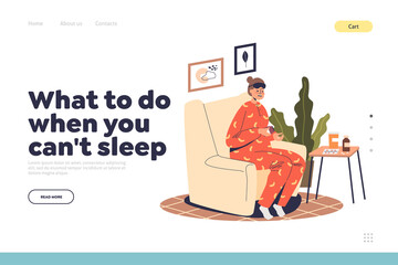 Can not sleep concept of landing page with tired depressed woman take sleeping pills to fall asleep