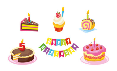 Set of sweets and cakes for birthday celebration with candles. Decorated confectionary cupcakes