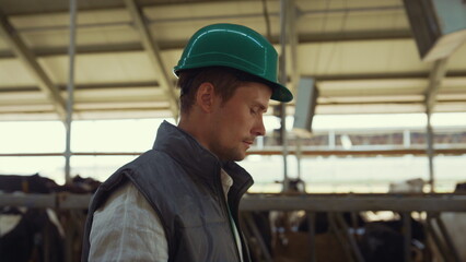 Man farmer walking cowhouse in helmet closeup. Professional cattle breeder.
