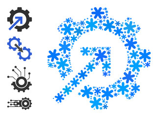 Collage gear integration icon is organized for winter, New Year, Christmas. Gear integration icon mosaic is organized of light blue snow icons. Some similar icons are added.