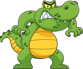 Angry Alligator Or Crocodile Cartoon Character. Vector Hand Drawn Illustration Isolated On White Background