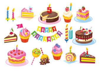 Festive cakes set. Colorful tasty sweets for birthday celebration menu. Cupcakes and candies pops