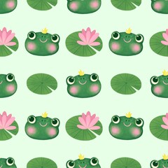Seamless pattern with cute frogs and water lilies
