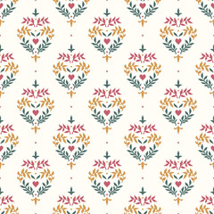 Seamless floral pattern with leaves laurels and hearts. Damask style. Textured background for your design projects, textile, wrapping, wallpaper, web